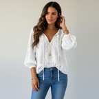 Women's Bohemian Lace Long Sleeve Blouse with Tie Neck