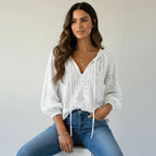 Women's Bohemian Lace Long Sleeve Blouse with Tie Neck