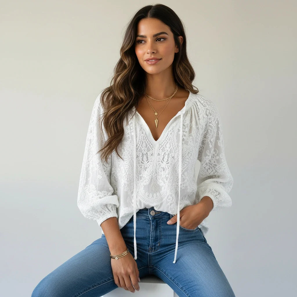Women's Bohemian Lace Long Sleeve Blouse with Tie Neck