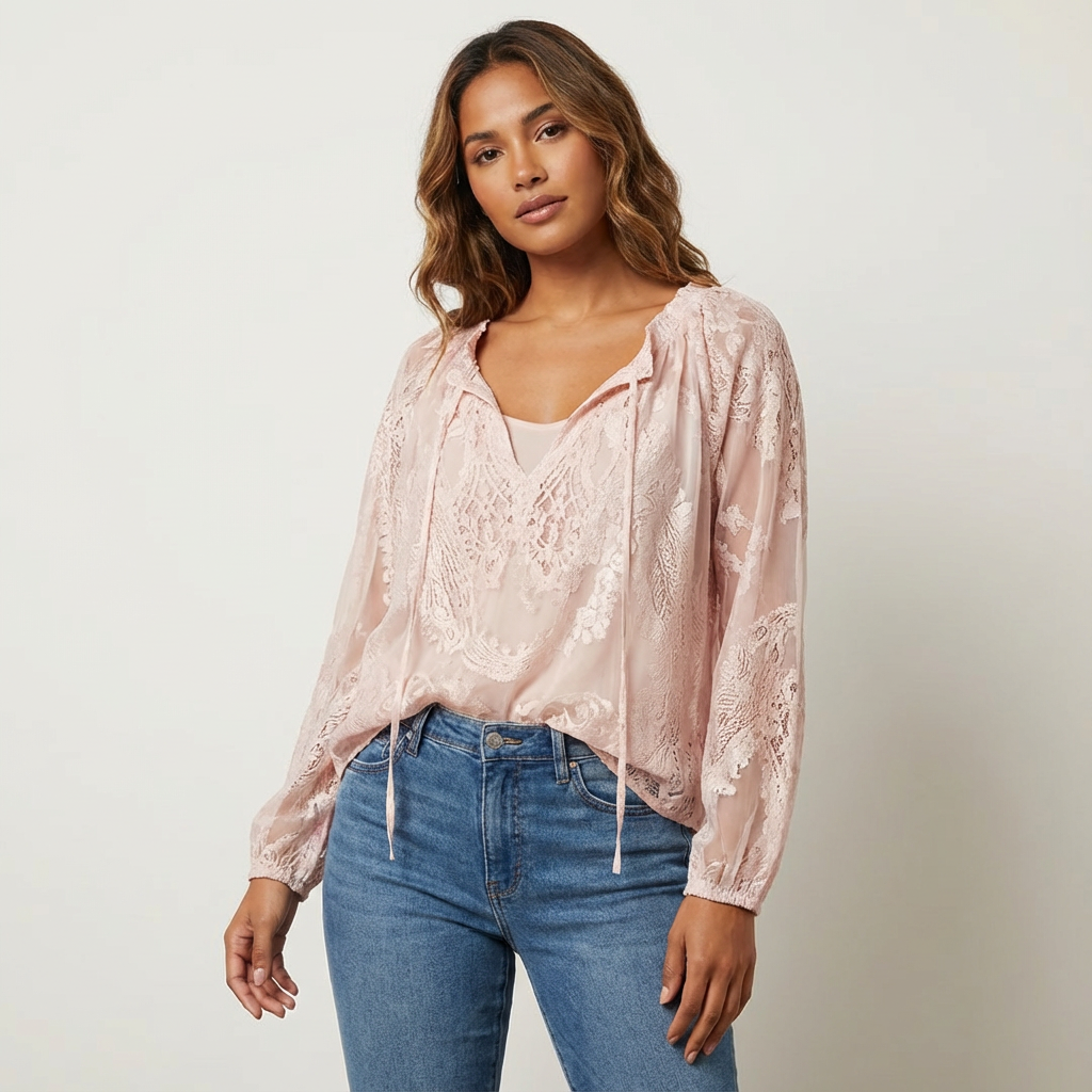 Women's Bohemian Lace Long Sleeve Blouse with Tie Neck