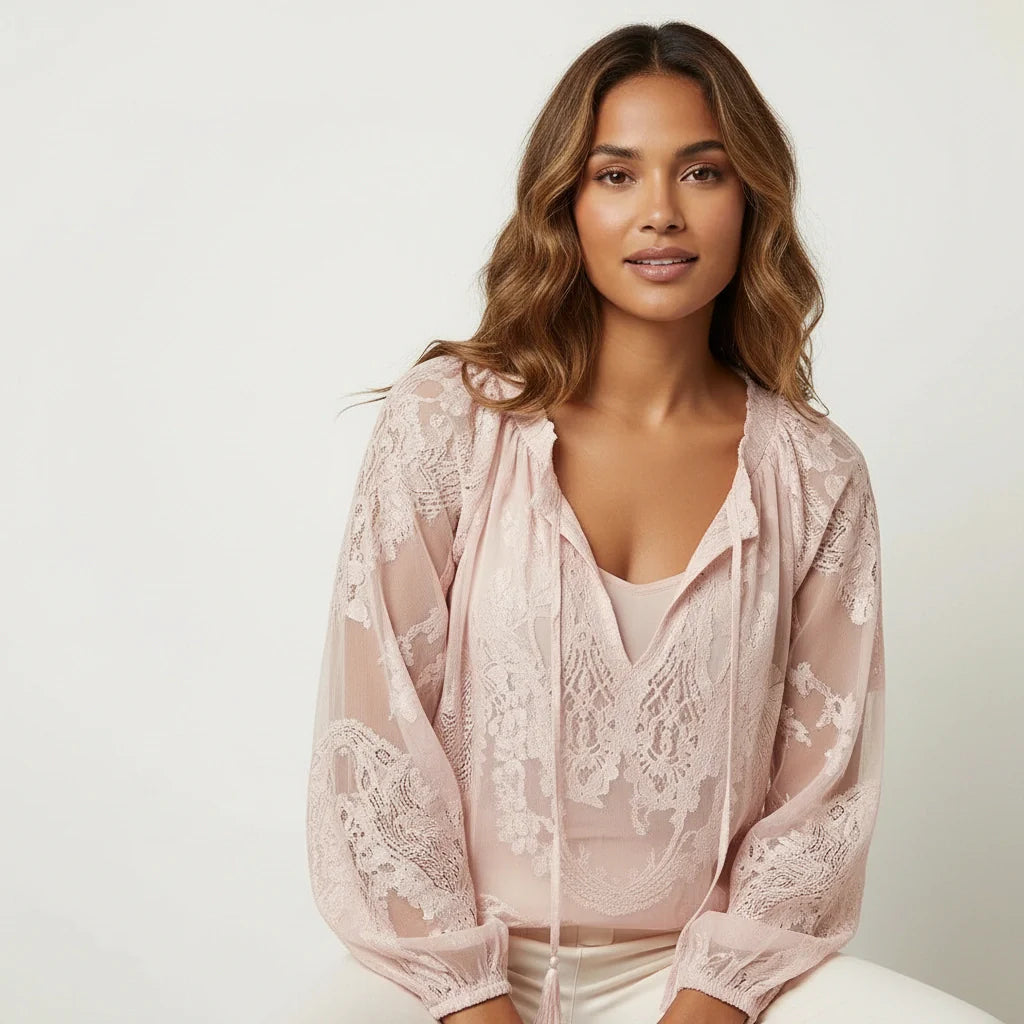 Women's Bohemian Lace Long Sleeve Blouse with Tie Neck