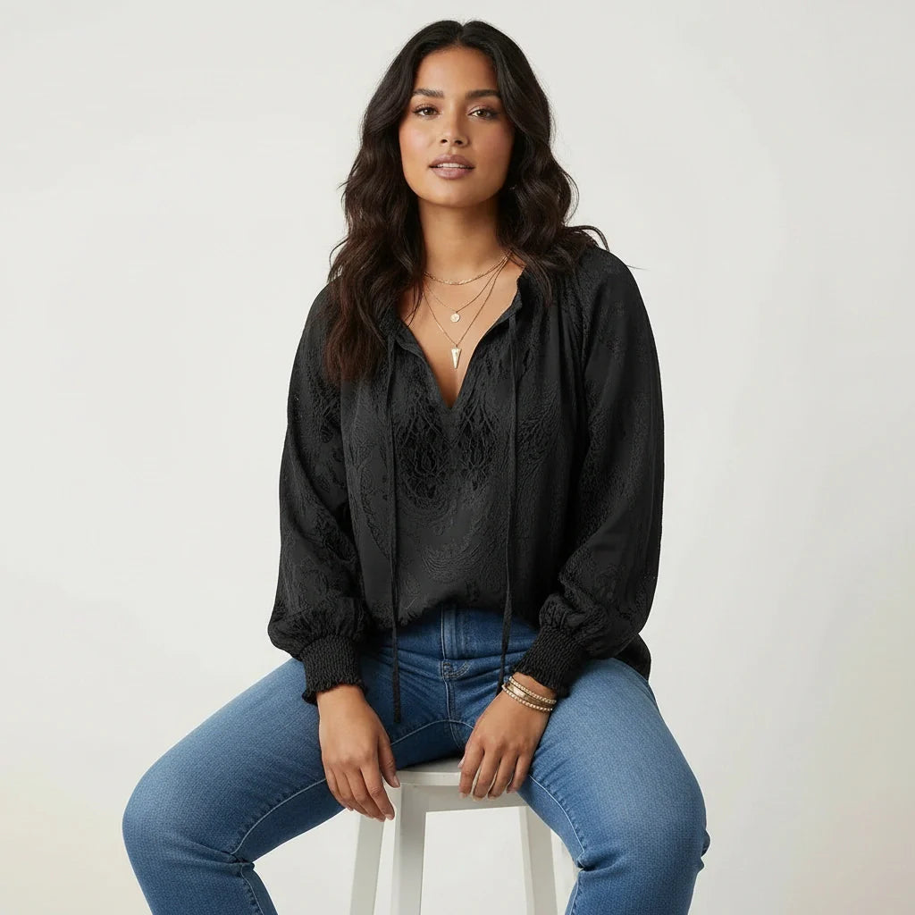 Women's Bohemian Lace Long Sleeve Blouse with Tie Neck
