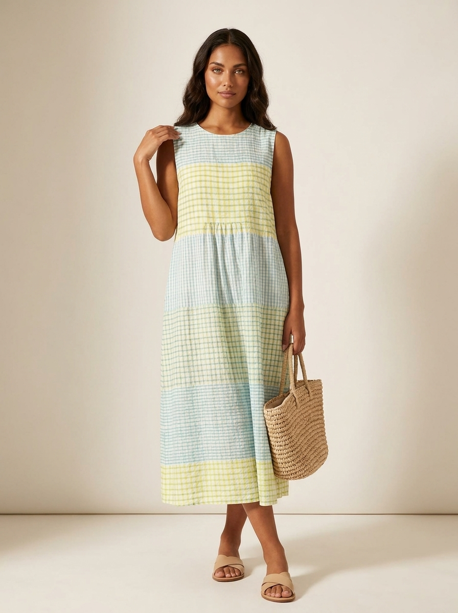 Women's Sleeveless Plaid Midi Dress with Relaxed Fit and Gathered Waist