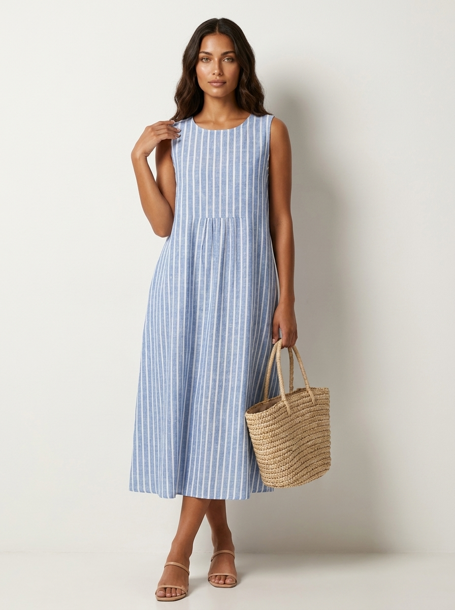 Women's Sleeveless Plaid Midi Dress with Relaxed Fit and Gathered Waist
