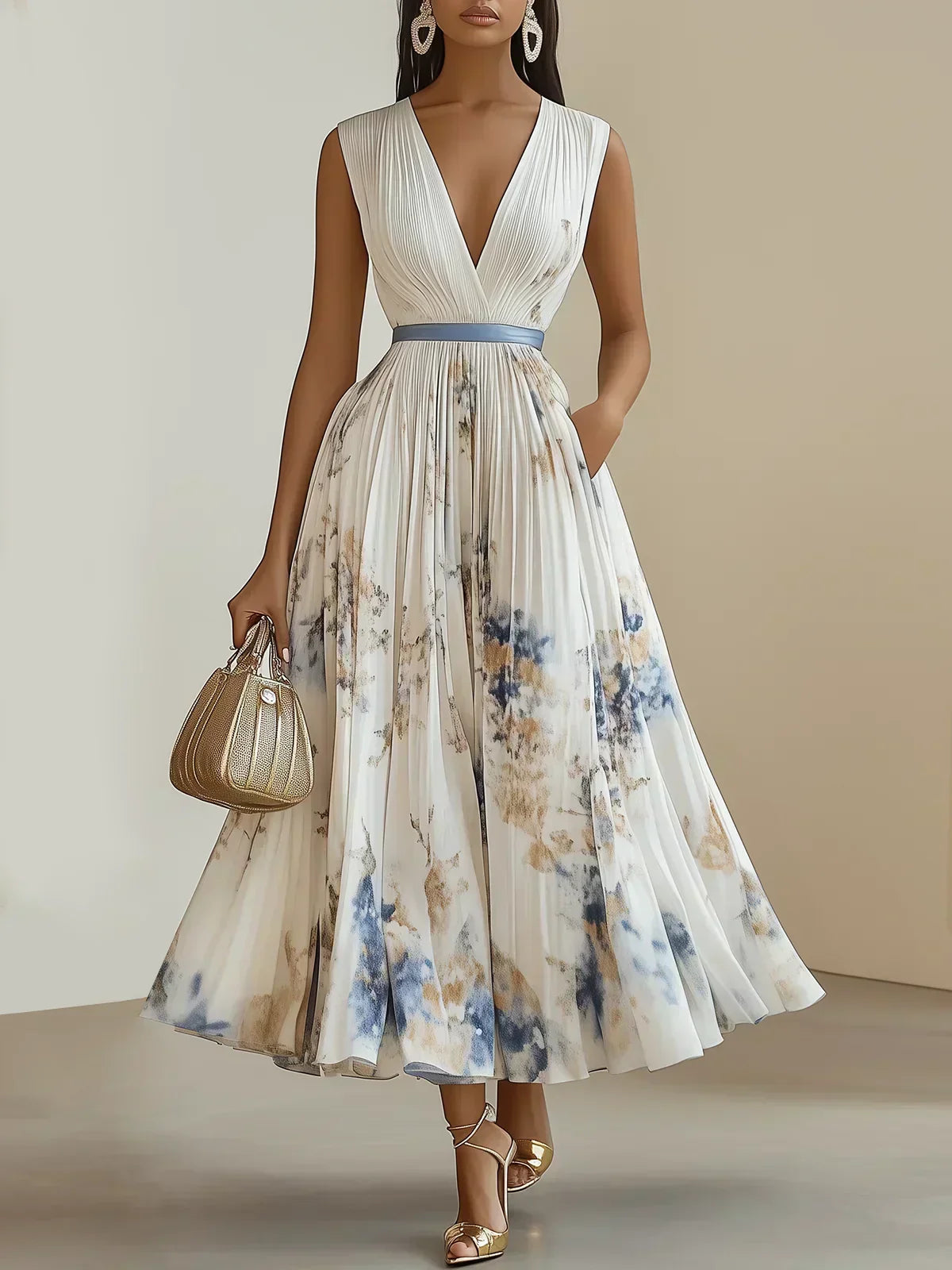 Women's Floral Pleated Maxi Dress with Wrap-Style Bodice