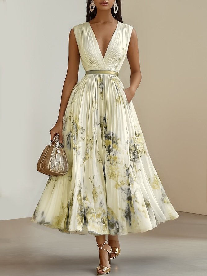 Women's Floral Pleated Maxi Dress with Wrap-Style Bodice