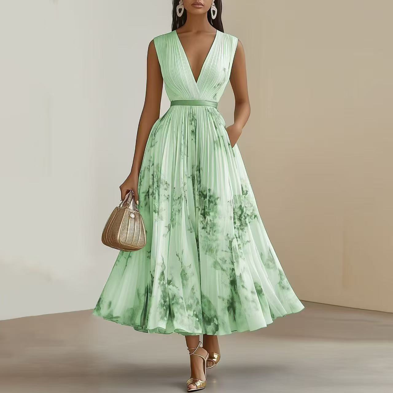 Women's Floral Pleated Maxi Dress with Wrap-Style Bodice