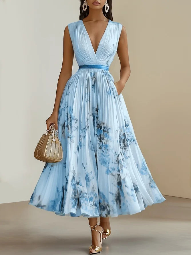Women's Floral Pleated Maxi Dress with Wrap-Style Bodice
