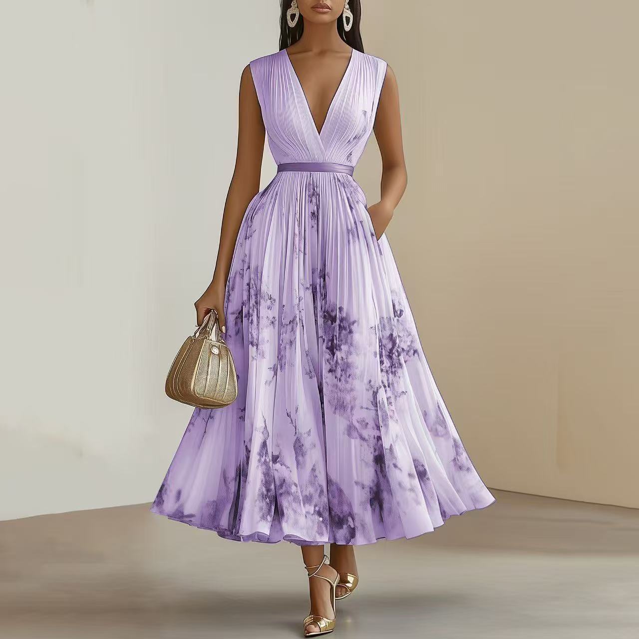 Women's Floral Pleated Maxi Dress with Wrap-Style Bodice