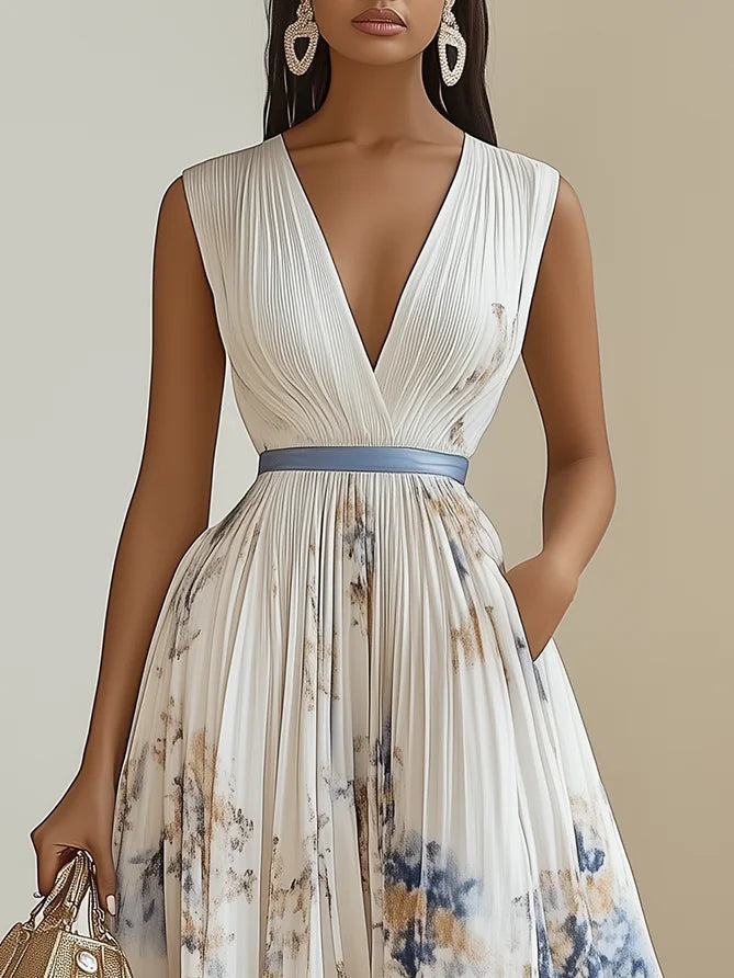 Women's Floral Pleated Maxi Dress with Wrap-Style Bodice
