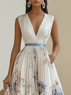 Women's Floral Pleated Maxi Dress with Wrap-Style Bodice