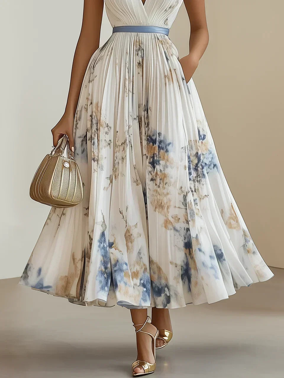 Women's Floral Pleated Maxi Dress with Wrap-Style Bodice