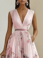 Women's Floral Pleated Maxi Dress with Wrap-Style Bodice