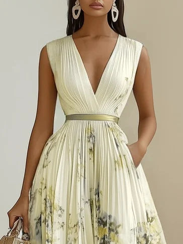 Women's Floral Pleated Maxi Dress with Wrap-Style Bodice