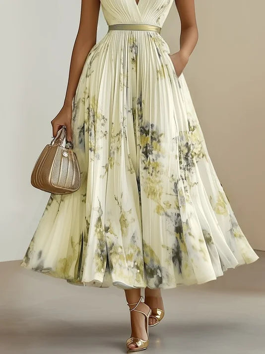 Women's Floral Pleated Maxi Dress with Wrap-Style Bodice