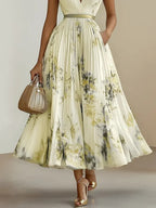 Women's Floral Pleated Maxi Dress with Wrap-Style Bodice