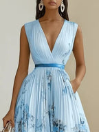 Women's Floral Pleated Maxi Dress with Wrap-Style Bodice