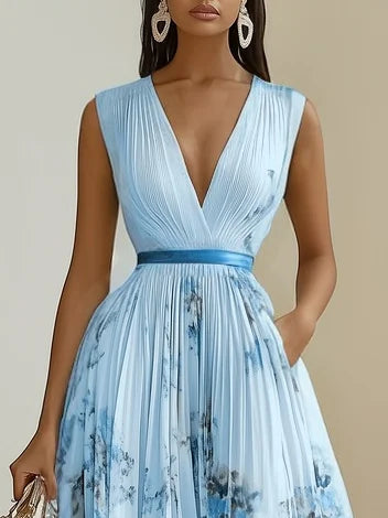 Women's Floral Pleated Maxi Dress with Wrap-Style Bodice