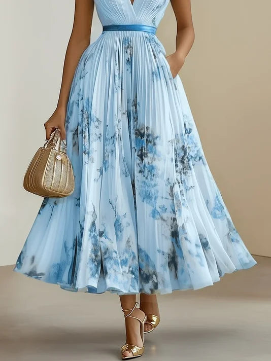 Women's Floral Pleated Maxi Dress with Wrap-Style Bodice