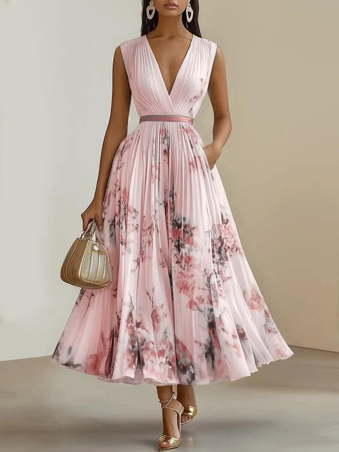 Women's Floral Pleated Maxi Dress with Wrap-Style Bodice