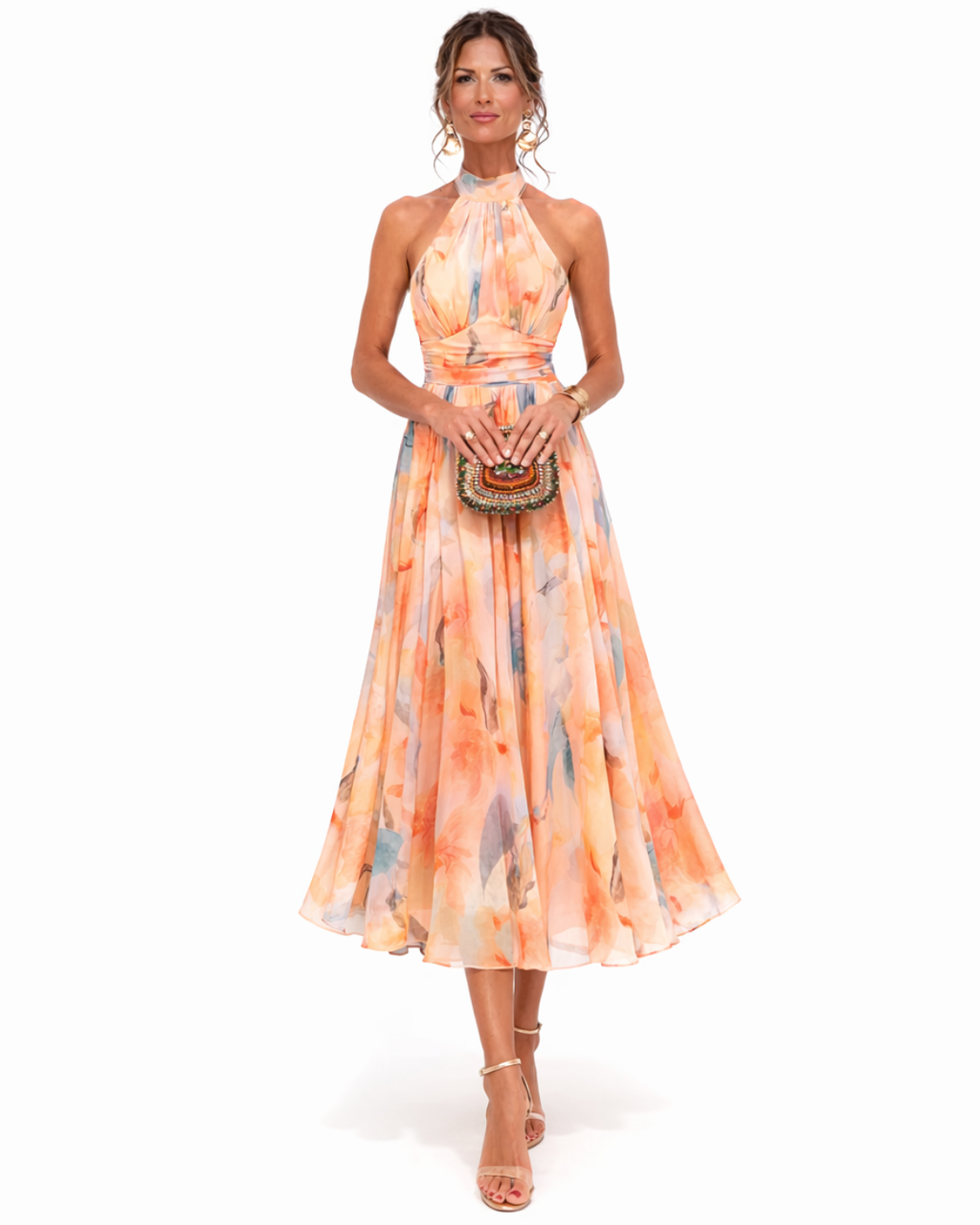 Women's Watercolour Halterneck Maxi Dress for Elegant Summer Occasions