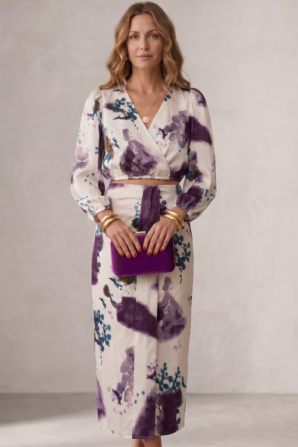 Vestito midi avvolgente da donna con stampa acquerello