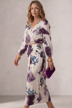 Vestito midi avvolgente da donna con stampa acquerello