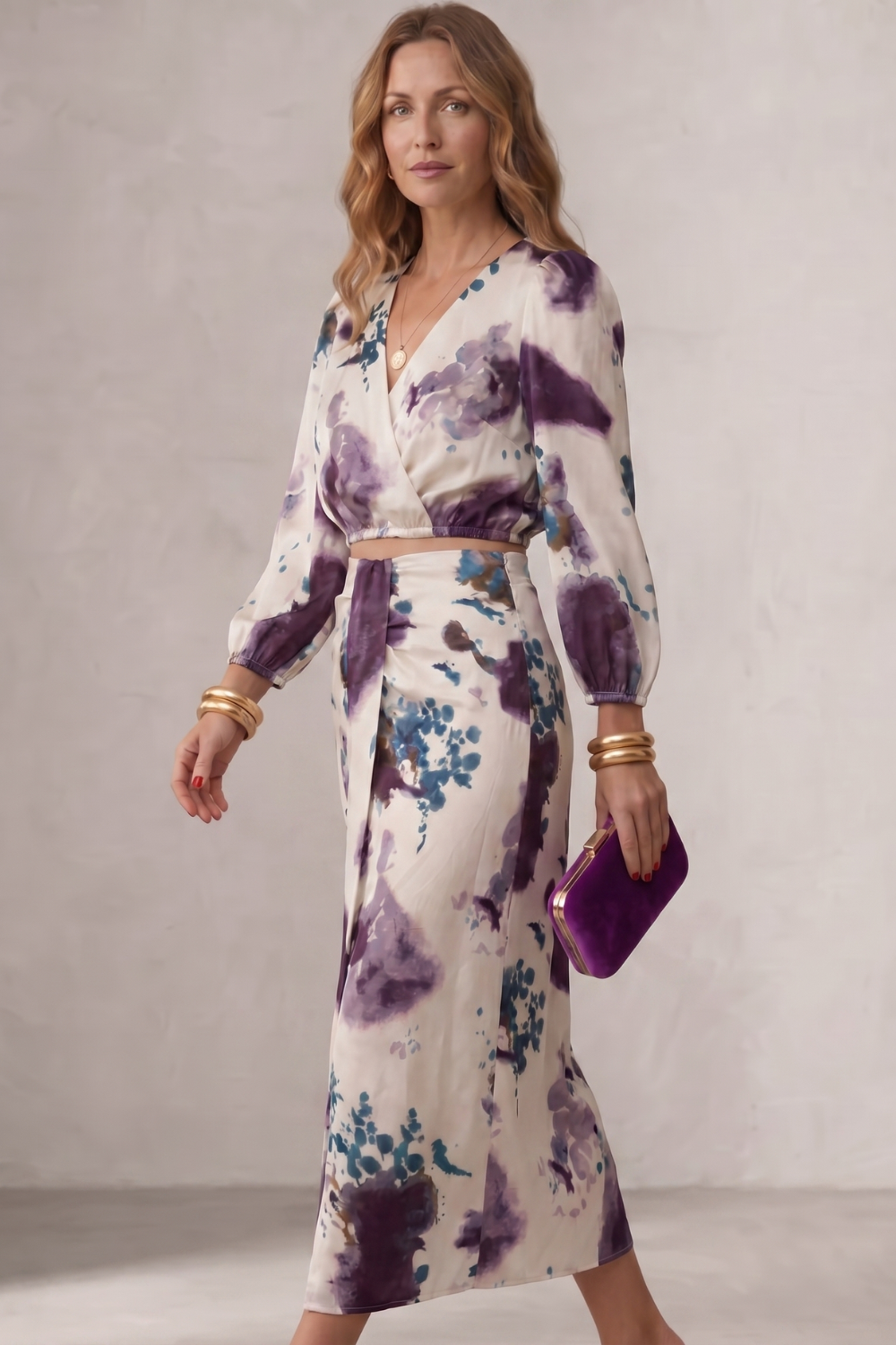 Vestito midi avvolgente da donna con stampa acquerello