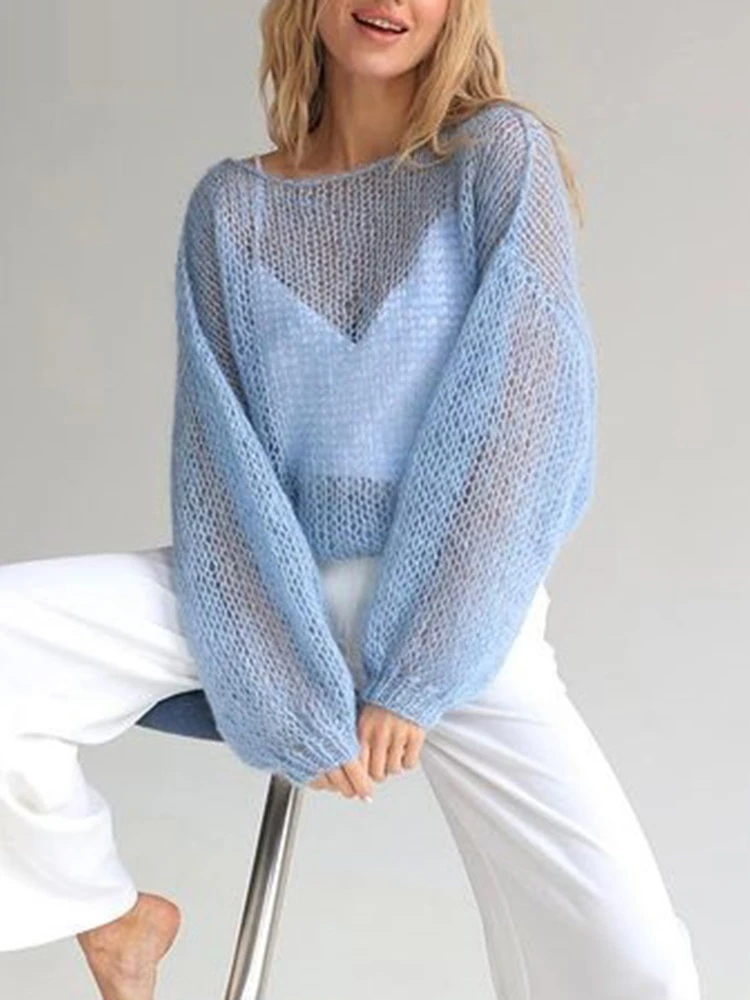 Women's Open Knit Pullover Sweater with Long Balloon Sleeves