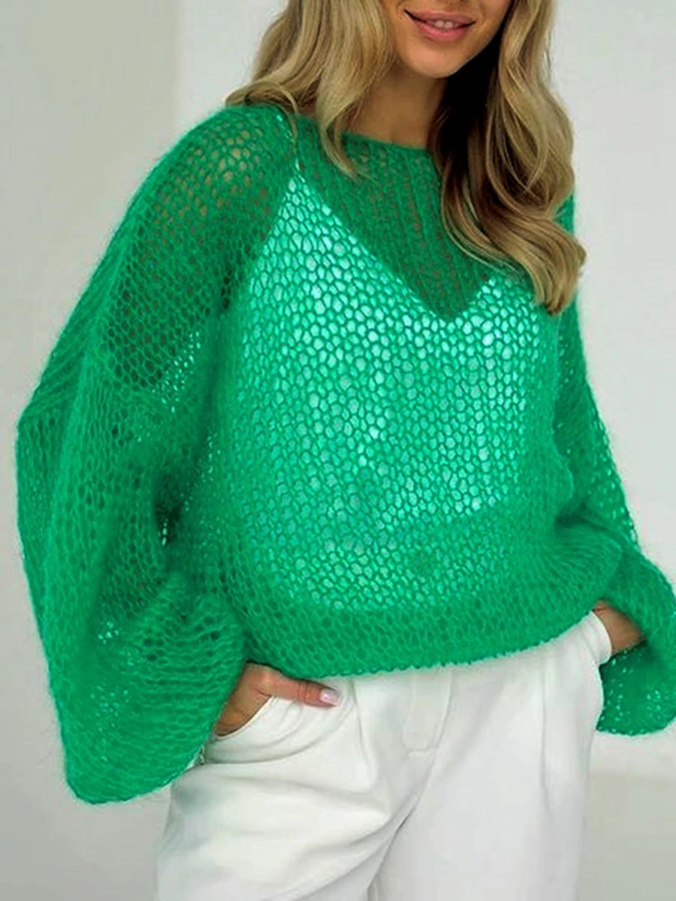 Women's Open Knit Pullover Sweater with Long Balloon Sleeves