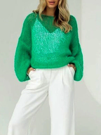 Women's Open Knit Pullover Sweater with Long Balloon Sleeves