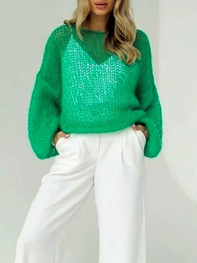Women's Open Knit Pullover Sweater with Long Balloon Sleeves
