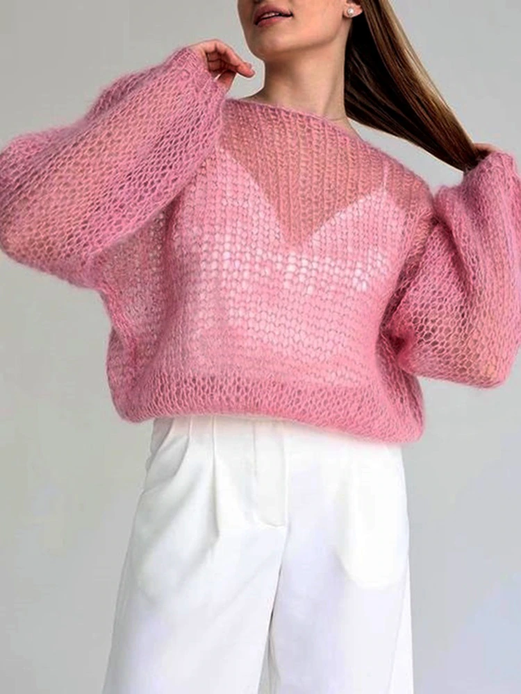 Women's Open Knit Pullover Sweater with Long Balloon Sleeves