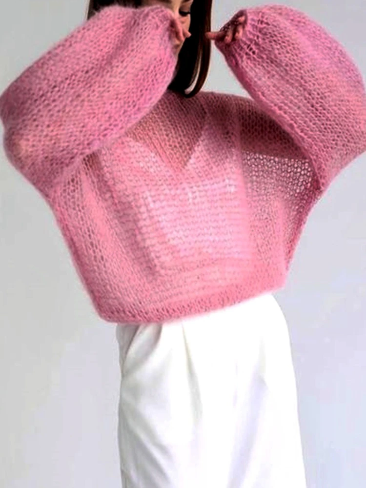 Women's Open Knit Pullover Sweater with Long Balloon Sleeves