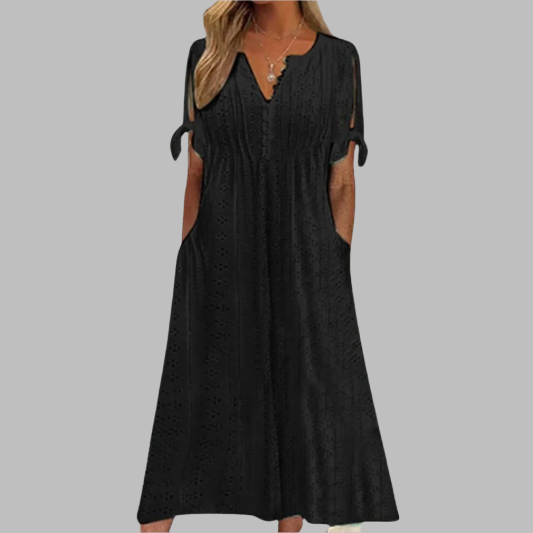 Robe maxi à col en V en dentelle ajourée avec poches pour femme