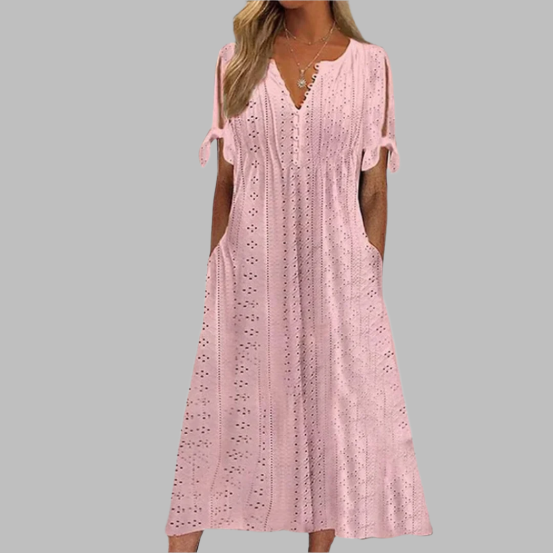 Robe maxi à col en V en dentelle ajourée avec poches pour femme