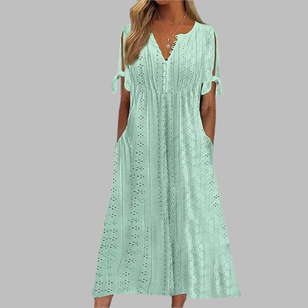 Robe maxi à col en V en dentelle ajourée avec poches pour femme