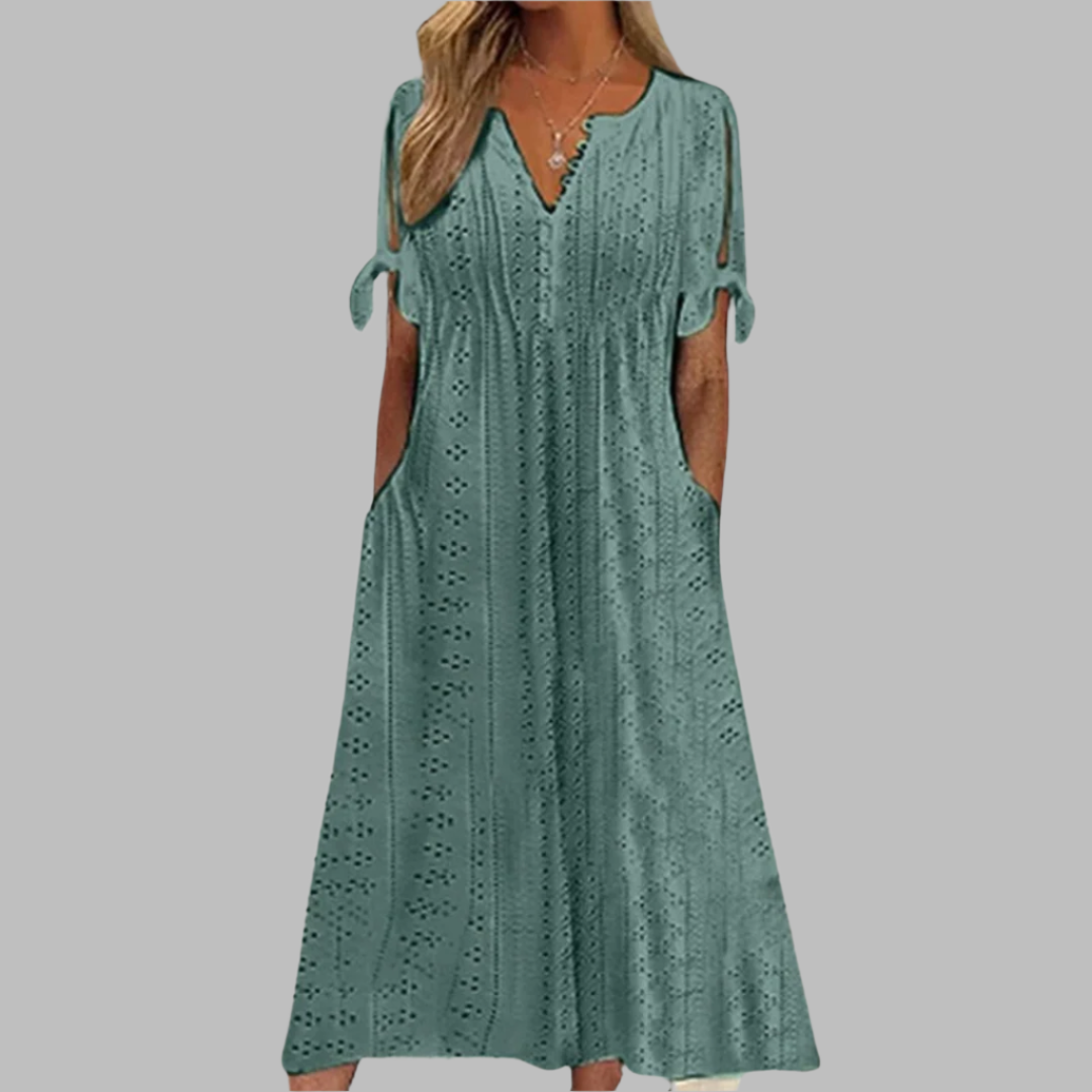 Robe maxi à col en V en dentelle ajourée avec poches pour femme