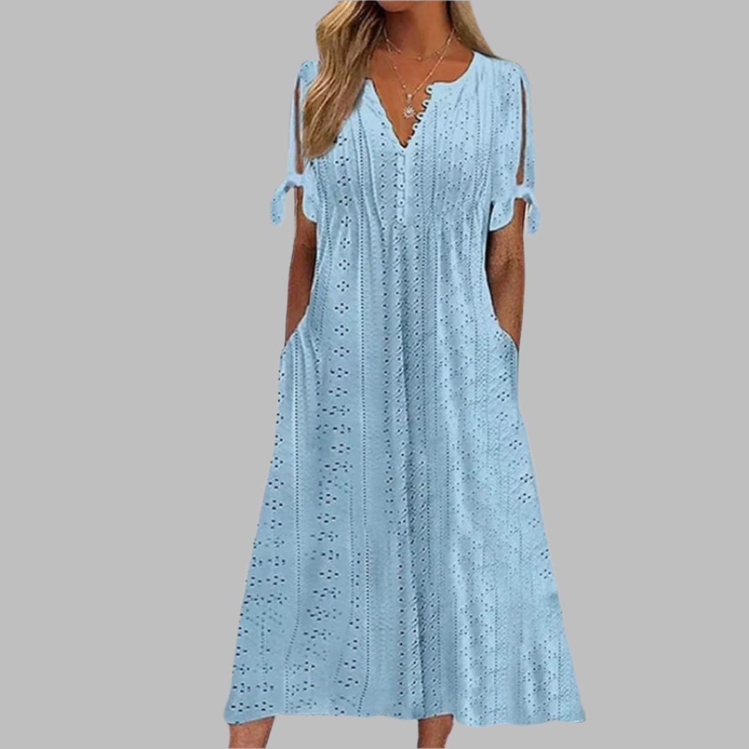 Robe maxi à col en V en dentelle ajourée avec poches pour femme