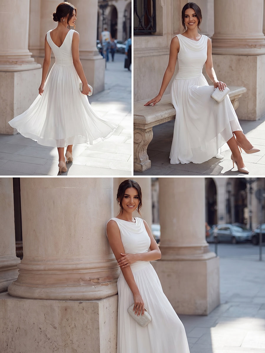 Ärmelloses Chiffon-Midikleid für Damen mit drapiertem Ausschnitt und geraffter Taille