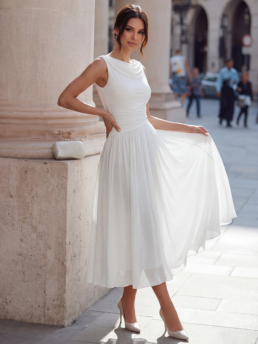 Ärmelloses Chiffon-Midikleid für Damen mit drapiertem Ausschnitt und geraffter Taille