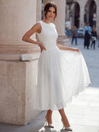 Ärmelloses Chiffon-Midikleid für Damen mit drapiertem Ausschnitt und geraffter Taille