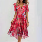 Damen Midikleid mit Blumenmuster, Wickeloptik, V-Ausschnitt und Flatterärmeln