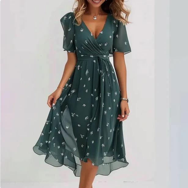 Damen Midikleid mit Blumenmuster, Wickeloptik, V-Ausschnitt und Flatterärmeln