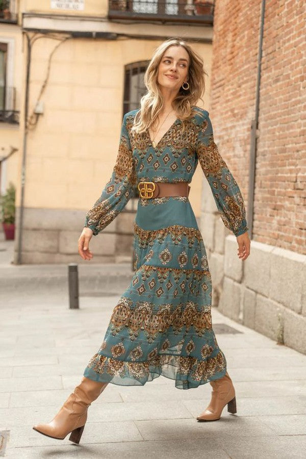 Vestido midi escalonado con estampado bohemio para mujer