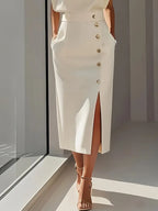 Women's Elegant Button Detail Midi Dress