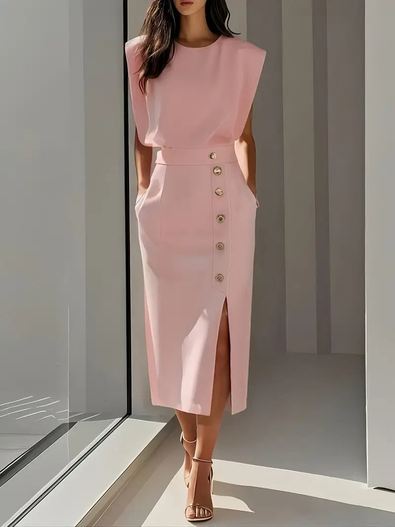 Women's Elegant Button Detail Midi Dress