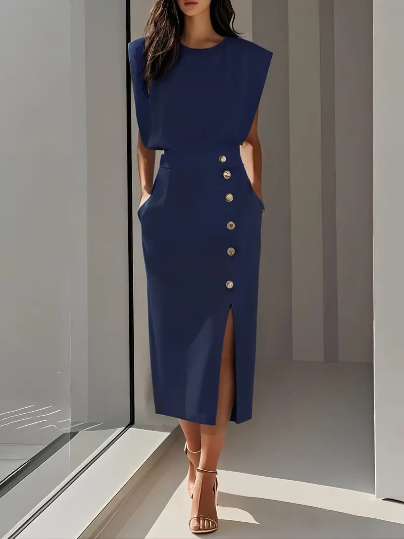 Women's Elegant Button Detail Midi Dress