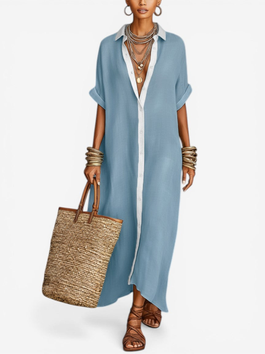 Women’s Flowing Midi Shirt Dress with Relaxed Fit and Button Detail