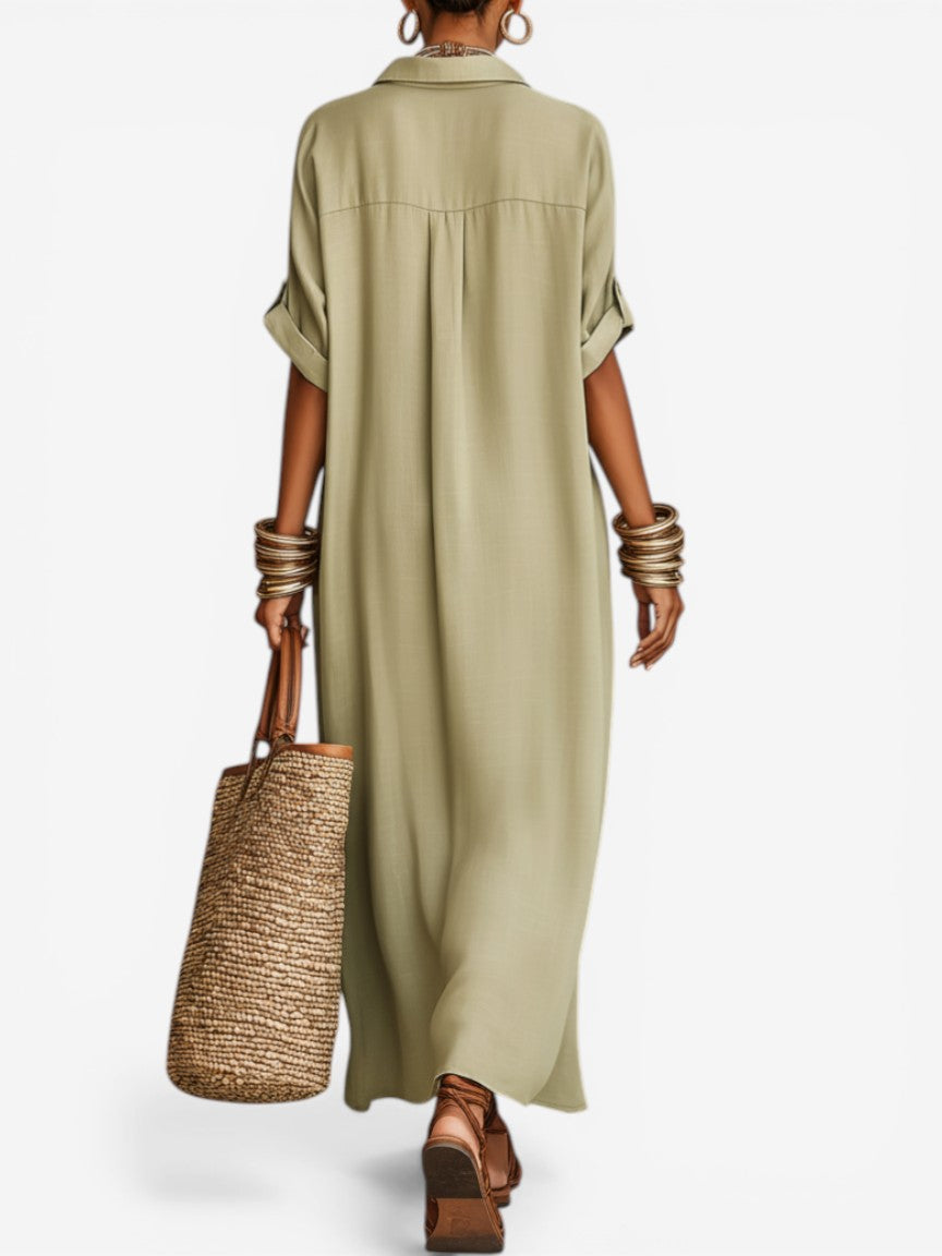 Women’s Flowing Midi Shirt Dress with Relaxed Fit and Button Detail
